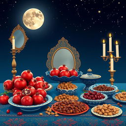 A rectangular horizontal image with a width twice the length depicting a traditional Yalda Night scene