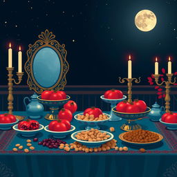 A rectangular horizontal image with a width twice the length depicting a traditional Yalda Night scene