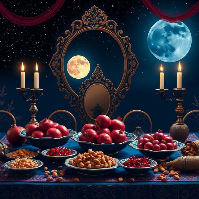 A rectangular horizontal image with a width twice the length depicting a traditional Yalda Night scene