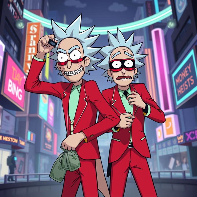 Rick and Morty dressed in heist outfits inspired by the series 'Money Heist', featuring the iconic red jumpsuits and masks