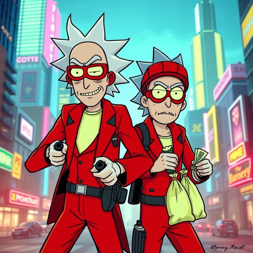 Rick and Morty dressed in heist outfits inspired by the series 'Money Heist', featuring the iconic red jumpsuits and masks