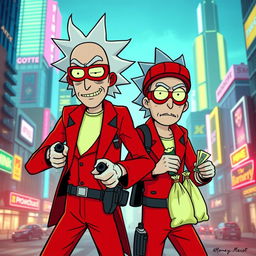 Rick and Morty dressed in heist outfits inspired by the series 'Money Heist', featuring the iconic red jumpsuits and masks