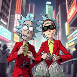 Rick and Morty dressed in heist outfits inspired by the series 'Money Heist', featuring the iconic red jumpsuits and masks