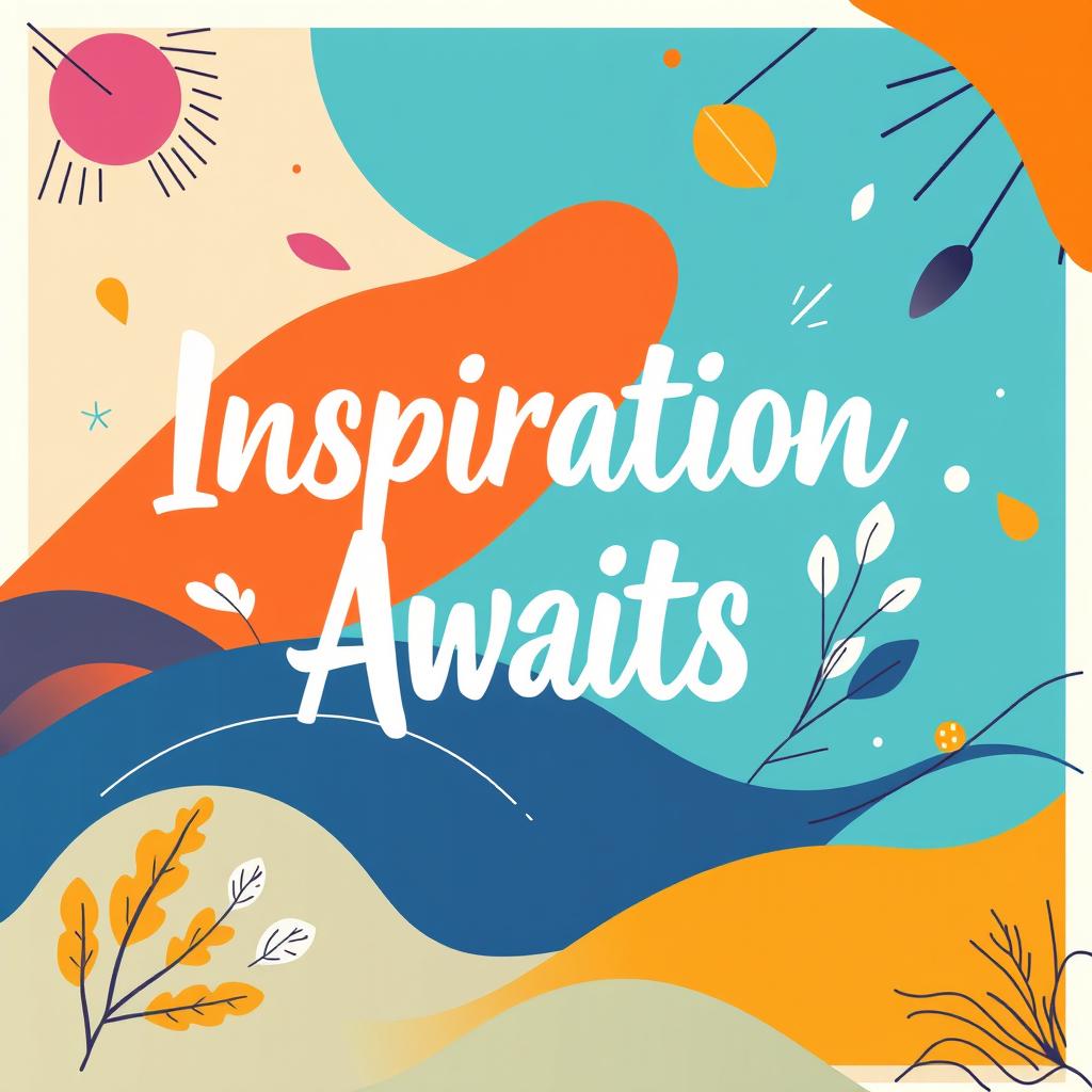 A vibrant and visually striking poster design featuring a blend of abstract shapes and colors, with a large central typography that says 'Inspiration Awaits'
