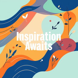 A vibrant and visually striking poster design featuring a blend of abstract shapes and colors, with a large central typography that says 'Inspiration Awaits'