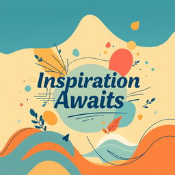 A vibrant and visually striking poster design featuring a blend of abstract shapes and colors, with a large central typography that says 'Inspiration Awaits'