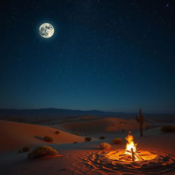 A breathtaking desert night scene showcasing a starry sky filled with twinkling stars and a prominent moon casting a soft glow over the sand dunes