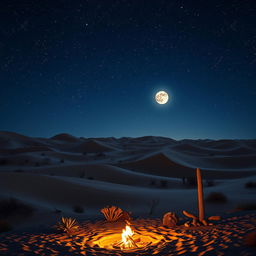 A breathtaking desert night scene showcasing a starry sky filled with twinkling stars and a prominent moon casting a soft glow over the sand dunes