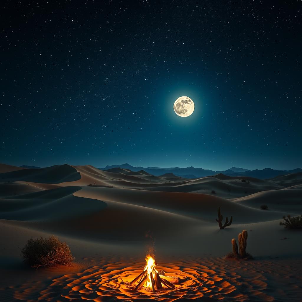 A breathtaking desert night scene showcasing a starry sky filled with twinkling stars and a prominent moon casting a soft glow over the sand dunes