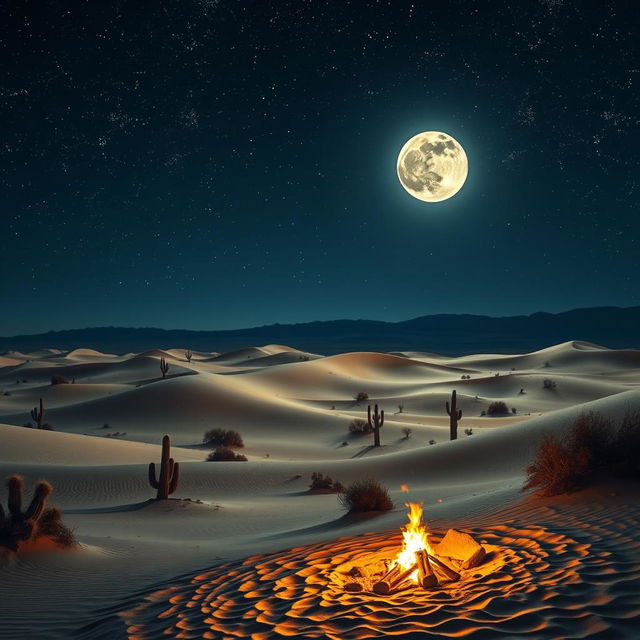 A breathtaking desert night scene showcasing a starry sky filled with twinkling stars and a prominent moon casting a soft glow over the sand dunes