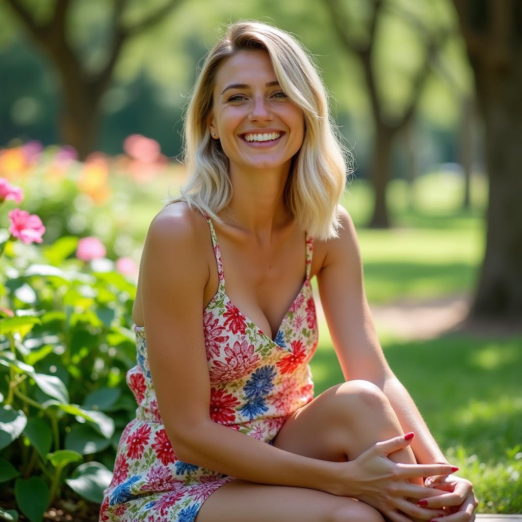 A lovely woman sitting in a park, wearing a vibrant flower-patterned summer dress with her legs crossed