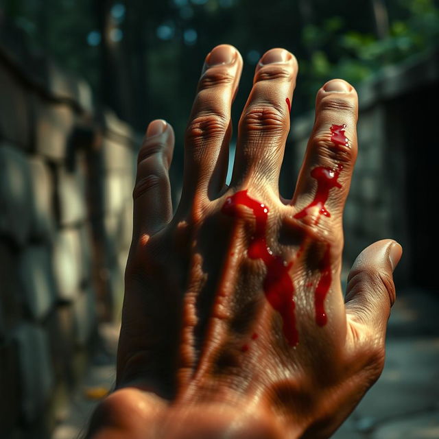 A dramatic scene featuring a close-up of a hand with visible blood on it, suggesting intensity and emotion