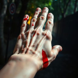 A dramatic scene featuring a close-up of a hand with visible blood on it, suggesting intensity and emotion