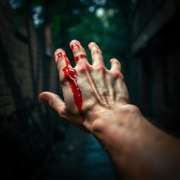 A dramatic scene featuring a close-up of a hand with visible blood on it, suggesting intensity and emotion