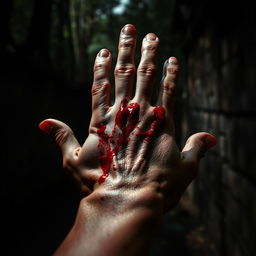 A dramatic scene featuring a close-up of a hand with visible blood on it, suggesting intensity and emotion