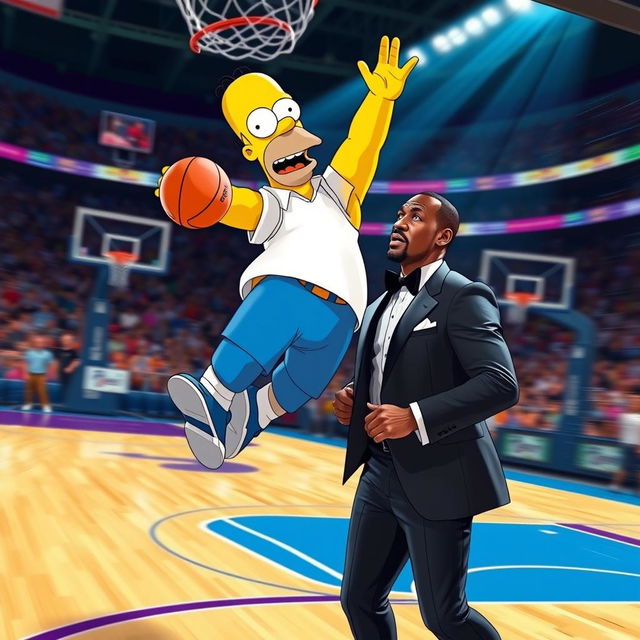 Homer Simpson, the lovable cartoon character from The Simpsons, performing an impressive slam dunk on LeBron James, who is styled as James Bond in a tuxedo