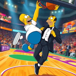 Homer Simpson, the lovable cartoon character from The Simpsons, performing an impressive slam dunk on LeBron James, who is styled as James Bond in a tuxedo