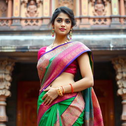 A beautiful Indian woman elegantly draped in a vibrant sari, showcasing intricate designs and rich textures