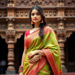 A beautiful Indian woman elegantly draped in a vibrant sari, showcasing intricate designs and rich textures