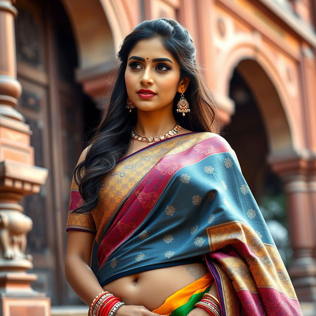 A beautiful Indian woman elegantly draped in a vibrant sari, showcasing intricate designs and rich textures