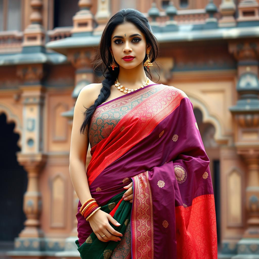 A beautiful Indian woman elegantly draped in a vibrant sari, showcasing intricate designs and rich textures