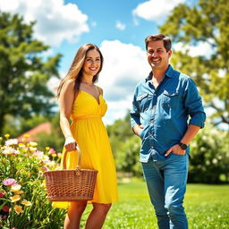 A vibrant outdoor scene featuring two adults standing next to each other, both smiling and enjoying a sunny day in a park