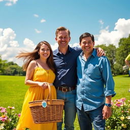 A vibrant outdoor scene featuring two adults standing next to each other, both smiling and enjoying a sunny day in a park