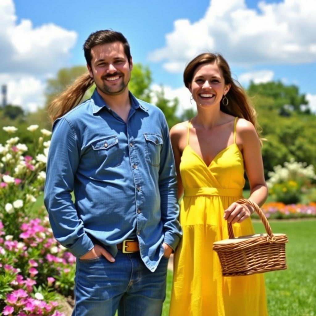 A vibrant outdoor scene featuring two adults standing next to each other, both smiling and enjoying a sunny day in a park