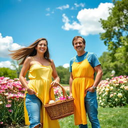 A vibrant outdoor scene featuring two adults standing next to each other, both smiling and enjoying a sunny day in a park