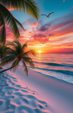 A beautifully serene landscape depicting a breathtaking sunset over a tranquil beach, with vivid colors reflecting off the gentle waves