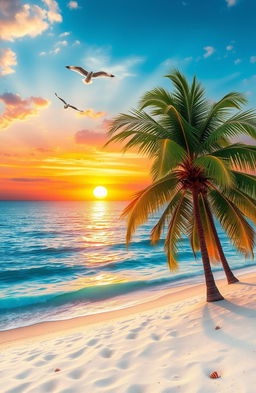 A beautifully serene landscape depicting a breathtaking sunset over a tranquil beach, with vivid colors reflecting off the gentle waves