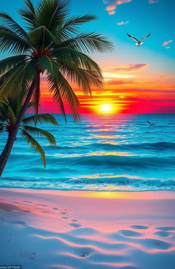 A beautifully serene landscape depicting a breathtaking sunset over a tranquil beach, with vivid colors reflecting off the gentle waves