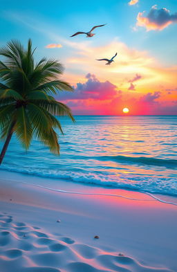 A beautifully serene landscape depicting a breathtaking sunset over a tranquil beach, with vivid colors reflecting off the gentle waves