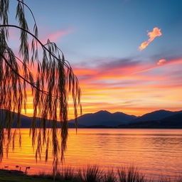 A professionally edited photo showcasing a serene sunset over a tranquil lake, with vibrant hues of orange, pink, and purple reflecting off the water