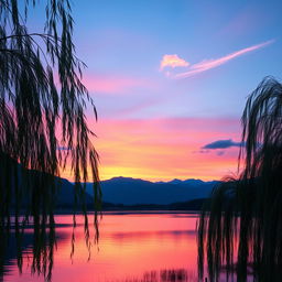 A professionally edited photo showcasing a serene sunset over a tranquil lake, with vibrant hues of orange, pink, and purple reflecting off the water
