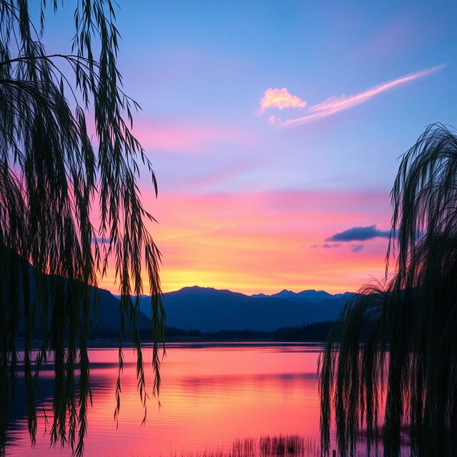 A professionally edited photo showcasing a serene sunset over a tranquil lake, with vibrant hues of orange, pink, and purple reflecting off the water