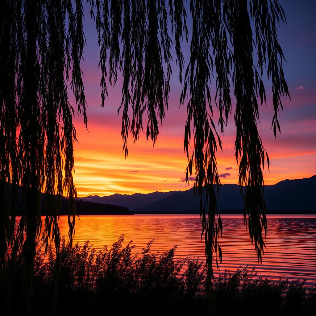 A professionally edited photo showcasing a serene sunset over a tranquil lake, with vibrant hues of orange, pink, and purple reflecting off the water