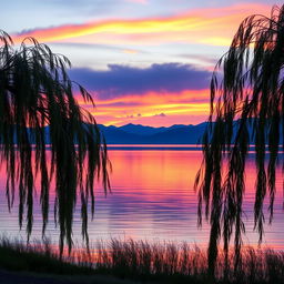 A professionally edited photo showcasing a serene sunset over a tranquil lake, with vibrant hues of orange, pink, and purple reflecting off the water