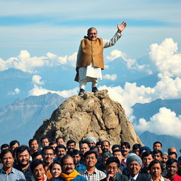 A large, charismatic prime minister standing on top of a majestic mountain peak, exuding a happy mood while joyously proclaiming, "Desh Thik Thak Chha!" in a loud voice