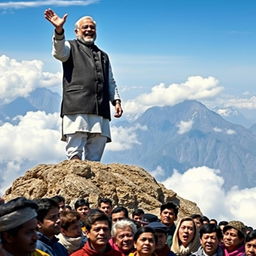 A large, charismatic prime minister standing on top of a majestic mountain peak, exuding a happy mood while joyously proclaiming, "Desh Thik Thak Chha!" in a loud voice