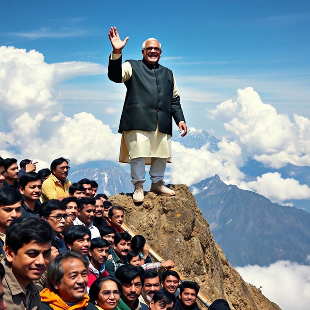 A large, charismatic prime minister standing on top of a majestic mountain peak, exuding a happy mood while joyously proclaiming, "Desh Thik Thak Chha!" in a loud voice