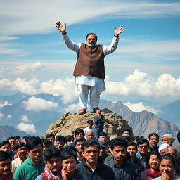 A large, charismatic prime minister standing on top of a majestic mountain peak, exuding a happy mood while joyously proclaiming, "Desh Thik Thak Chha!" in a loud voice