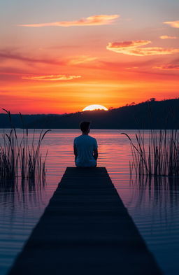 A contemplative scene depicting a serene sunset over a peaceful lake, with a lone figure sitting on a dock, gazing thoughtfully into the distance