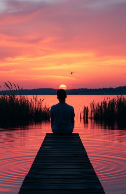 A contemplative scene depicting a serene sunset over a peaceful lake, with a lone figure sitting on a dock, gazing thoughtfully into the distance