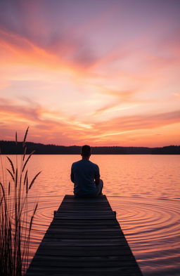 A contemplative scene depicting a serene sunset over a peaceful lake, with a lone figure sitting on a dock, gazing thoughtfully into the distance