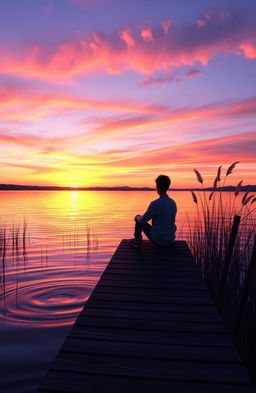 A contemplative scene depicting a serene sunset over a peaceful lake, with a lone figure sitting on a dock, gazing thoughtfully into the distance
