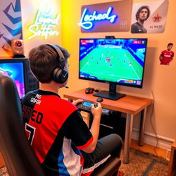 A teenage boy sitting in a cozy room, fully focused on playing eFootball on a high-end PC setup