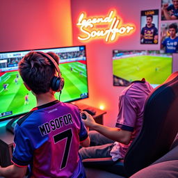 A teenage boy sitting in a cozy room, fully focused on playing eFootball on a high-end PC setup