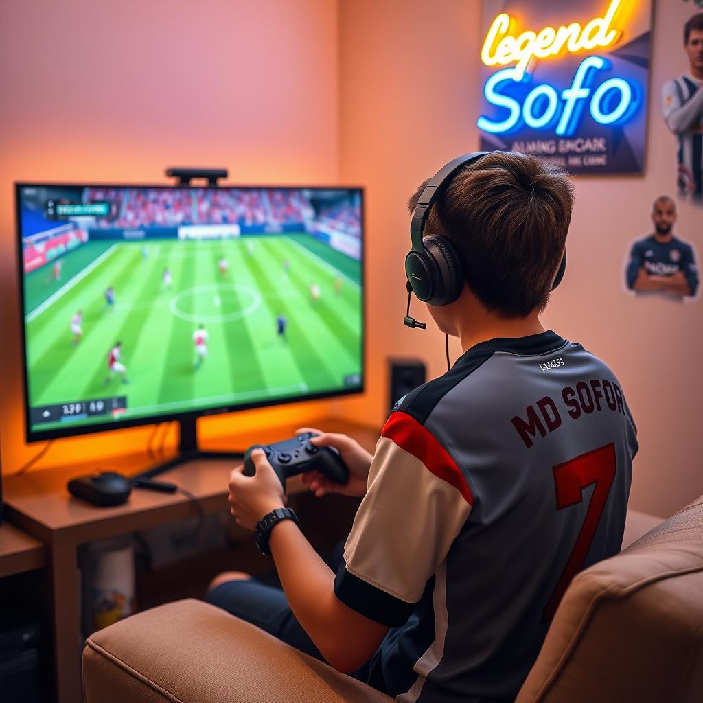 A teenage boy sitting in a cozy room, fully focused on playing eFootball on a high-end PC setup