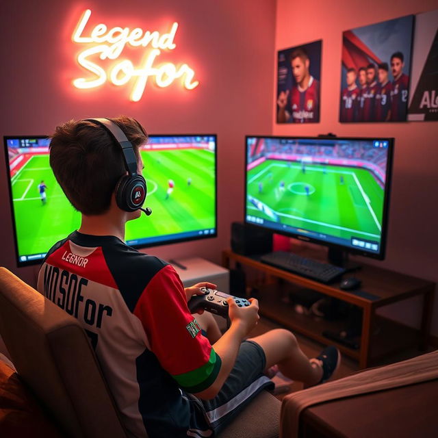 A teenage boy sitting in a cozy room, fully focused on playing eFootball on a high-end PC setup